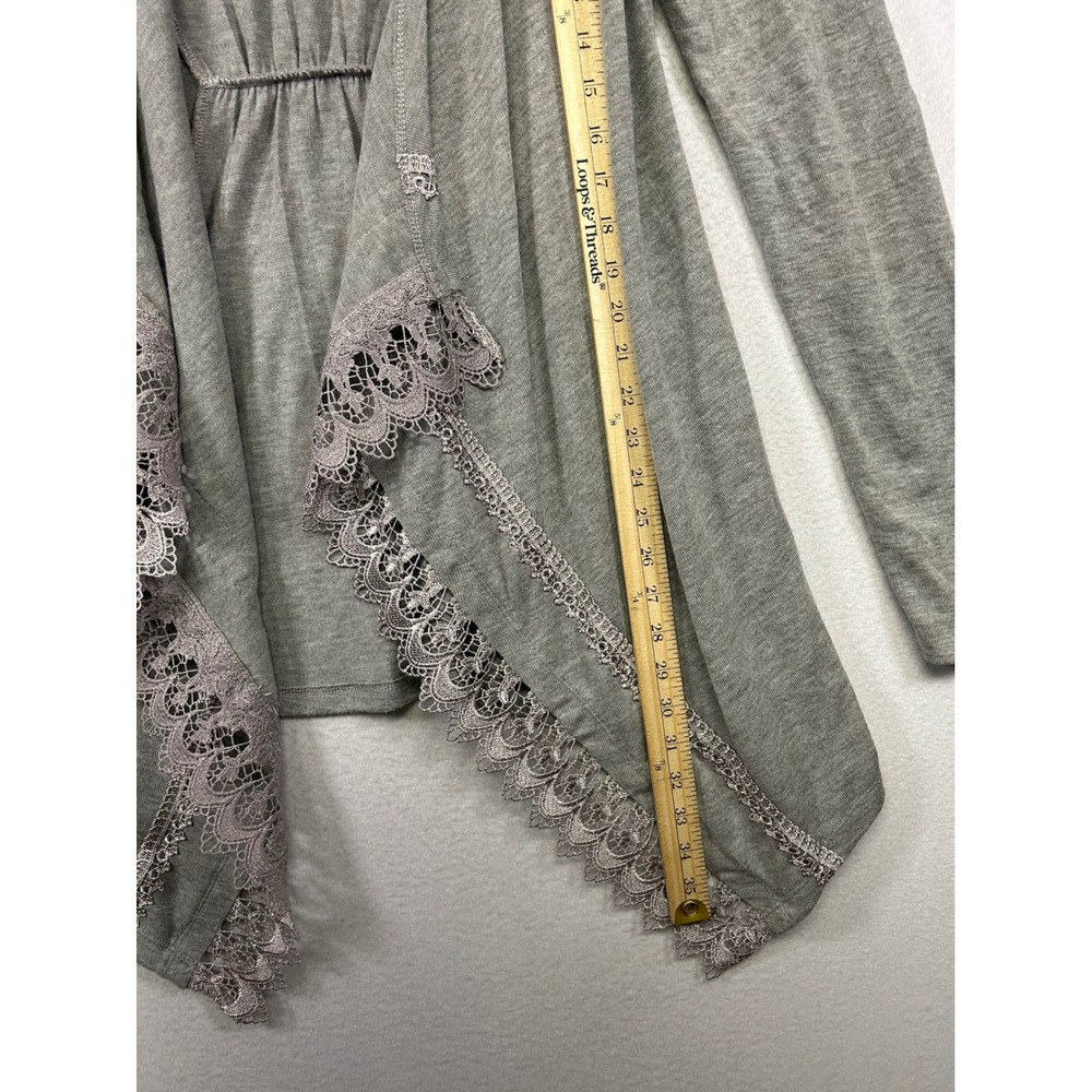 Boho One World Womens Med Gray Lace Trim Open Front Waterfall Cardigan Sweater - Picture 6 of 12